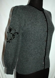 Vintage Simone Wool Cardigan Sweater, Grey with Black Velvet Trim & Applique