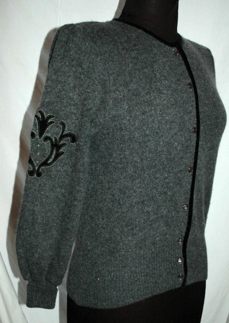 Vintage Simone Wool Cardigan Sweater, Grey with Black Velvet Trim & Applique