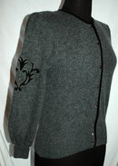 Vintage Simone Wool Cardigan Sweater, Grey with Black Velvet Trim & Applique