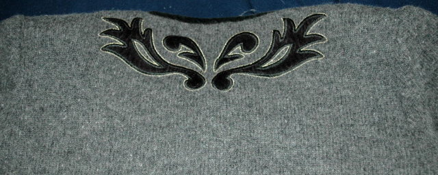 Vintage Simone Wool Cardigan Sweater, Grey with Black Velvet Trim & Applique