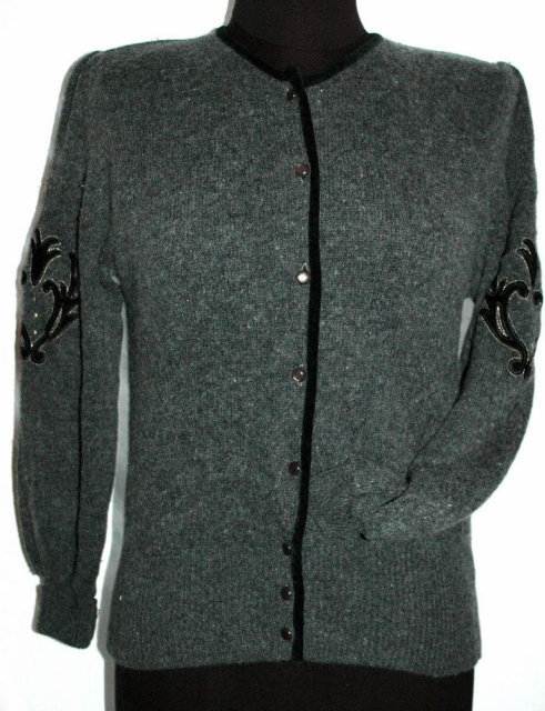 Vintage Simone Wool Cardigan Sweater, Grey with Black Velvet Trim & Applique