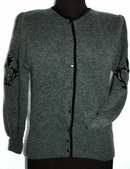 Vintage Simone Wool Cardigan Sweater, Grey with Black Velvet Trim & Applique