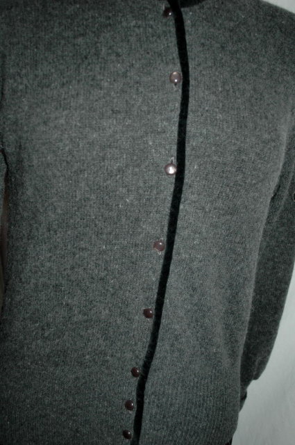 Vintage Simone Wool Cardigan Sweater, Grey with Black Velvet Trim & Applique