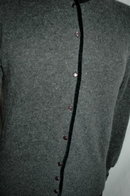 Vintage Simone Wool Cardigan Sweater, Grey with Black Velvet Trim & Applique