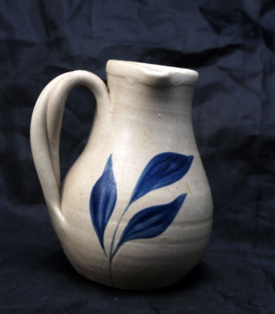 Williamsburg Salt Glaze Stoneware Pottery Pitcher with Cobalt Blue Leaves