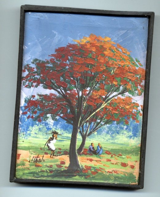 Small Oil Painting on Canvas of Fall Tree & People in Park setting Signed