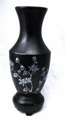 Black Lacquer-ware Wood Vase with Abalone Shell Inlay