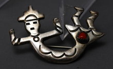 Old Native American Indian Sterling Silver and Red Coral Kokopelli Brooch / Pin