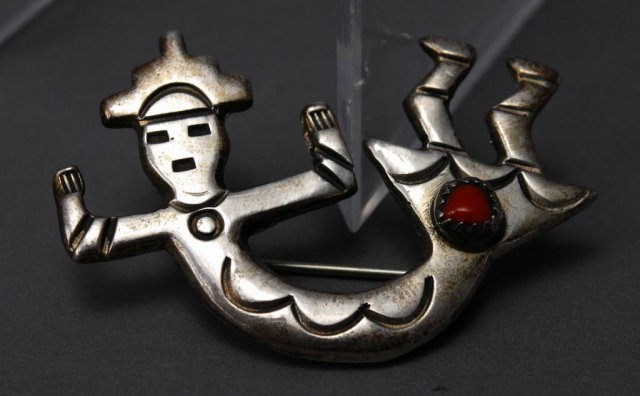 Old Native American Indian Sterling Silver and Red Coral Kokopelli Brooch / Pin