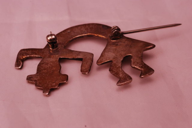 Old Native American Indian Sterling Silver and Red Coral Kokopelli Brooch / Pin
