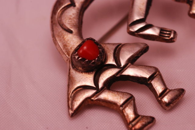 Old Native American Indian Sterling Silver and Red Coral Kokopelli Brooch / Pin