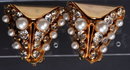 Big Flashy Leru Clip on Earrings White Rhinestones & Pearls in Mod Goldtone Setting