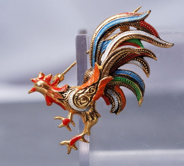 Rooster Spain Damascene Enamel Vintage Pin Brooch