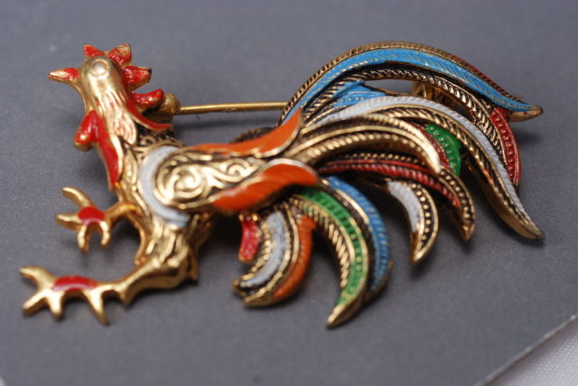 Rooster Spain Damascene Enamel Vintage Pin Brooch