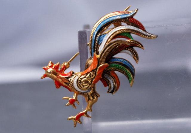 Rooster Spain Damascene Enamel Vintage Pin Brooch