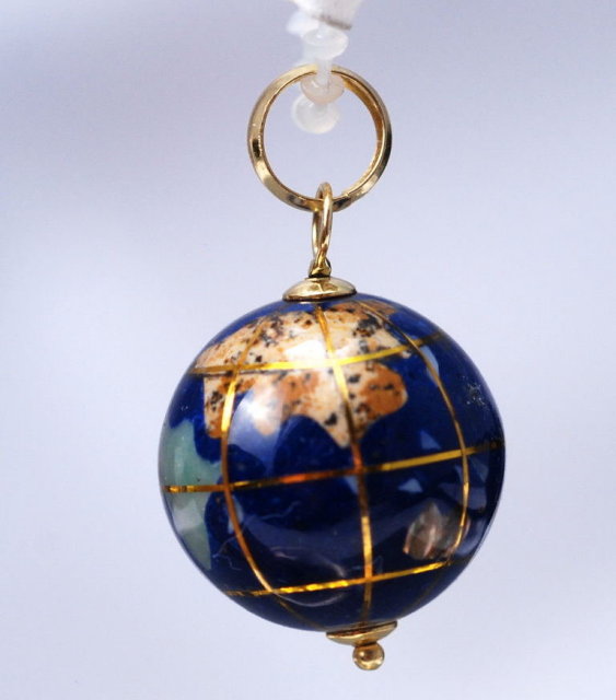 14k gold & lapis globe charm or pendant. inlaid with other semi-precious gemstones
