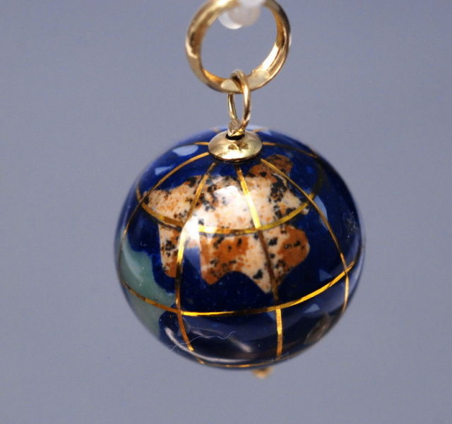 14k gold & lapis globe charm or pendant. inlaid with other semi-precious gemstones