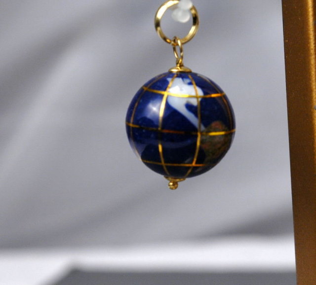 14k gold & lapis globe charm or pendant. inlaid with other semi-precious gemstones