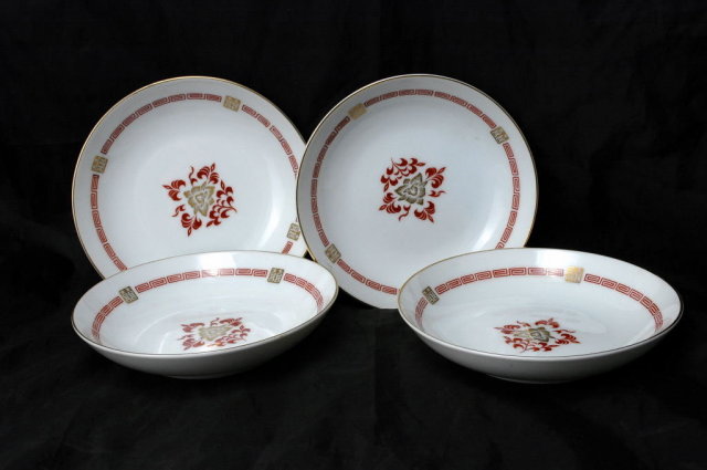 4 Asian White Porcelain Dishes or Bowls Hand Painted Red Gold **PRICE REDUCED!**