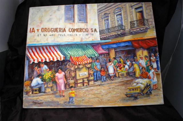Lively Mexican or Latin American Street Scene Oil Painting on Canvas Signed by Andersen 88