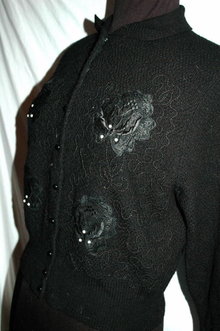 Vintage Black Beaded Sweater with Applique , Fine Alpaca