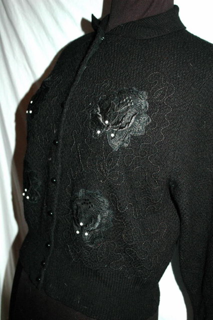 Vintage Black Beaded Sweater with Applique , Fine Alpaca