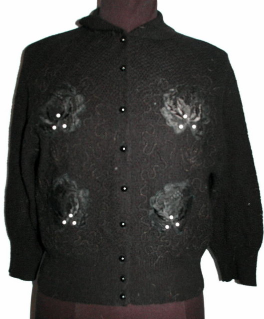 Vintage Black Beaded Sweater with Applique , Fine Alpaca