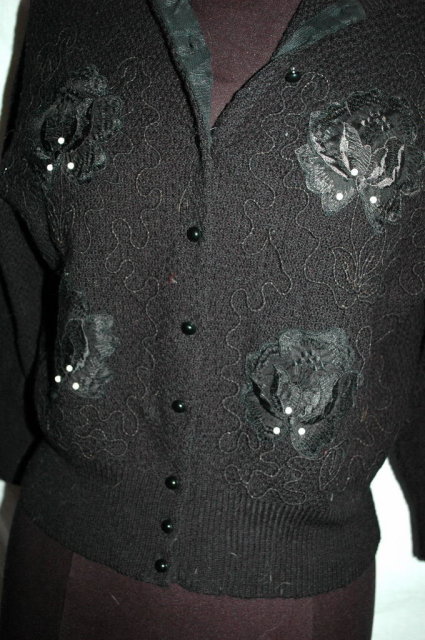 Vintage Black Beaded Sweater with Applique , Fine Alpaca