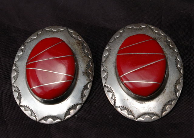 Navajo Sterling Coral Earrings F.M. Begay Large Conchos