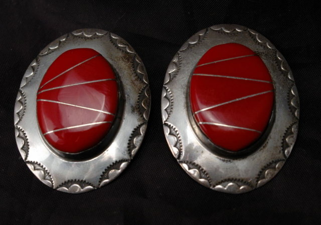 Navajo Sterling Coral Earrings F.M. Begay Large Conchos