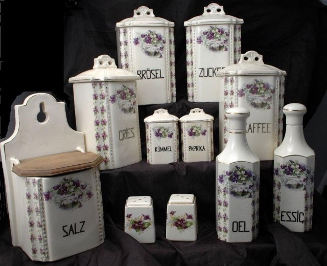 11 Pc Canister Set Purple Violets with Salt Box Old German Porcelain