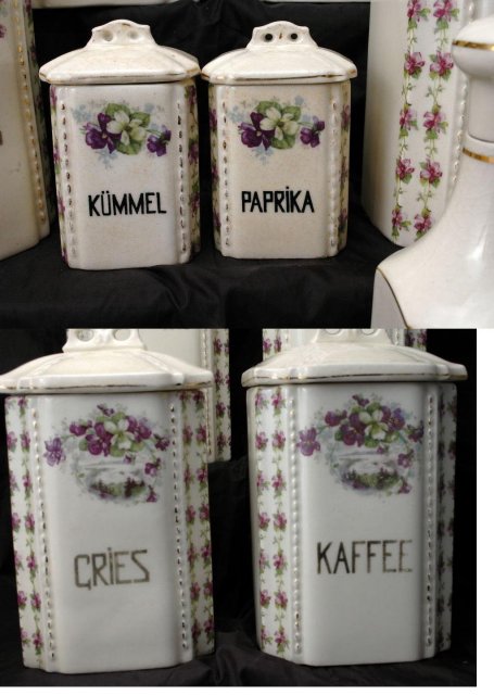 11 Pc Canister Set Purple Violets with Salt Box Old German Porcelain