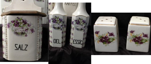 11 Pc Canister Set Purple Violets with Salt Box Old German Porcelain