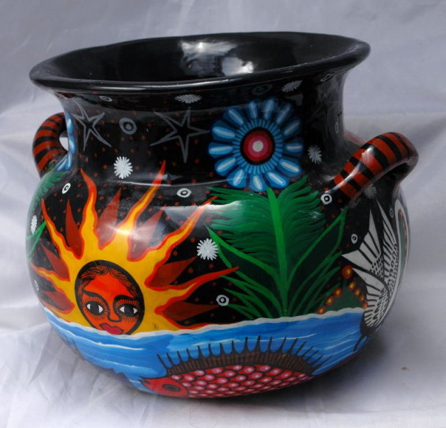 Mexican Folk Art Talavera Pottery , Large Two Handled Pot or Jardiniere signed Lazaro.