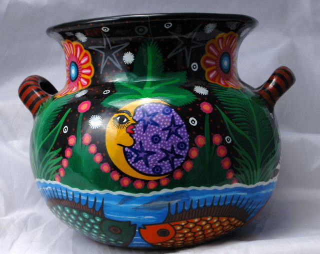 Mexican Folk Art Talavera Pottery , Large Two Handled Pot or Jardiniere signed Lazaro.