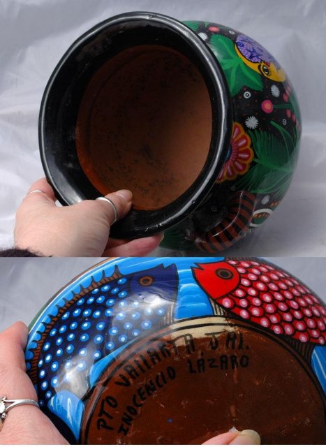 Mexican Folk Art Talavera Pottery , Large Two Handled Pot or Jardiniere signed Lazaro.