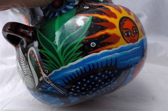 Mexican Folk Art Talavera Pottery , Large Two Handled Pot or Jardiniere signed Lazaro.