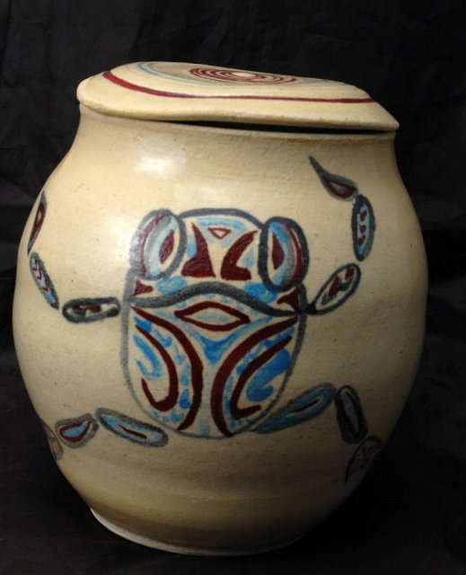 Ethnic Frog Design Studio Pottery Stoneware Jar with Lid