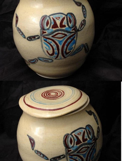 Ethnic Frog Design Studio Pottery Stoneware Jar with Lid