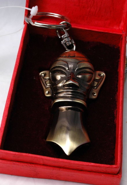 Bushed Brass Tiki or other Tribal Mask Bottle , Can Opener Key Chain with Box