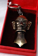 Bushed Brass Tiki or other Tribal Mask Bottle , Can Opener Key Chain with Box