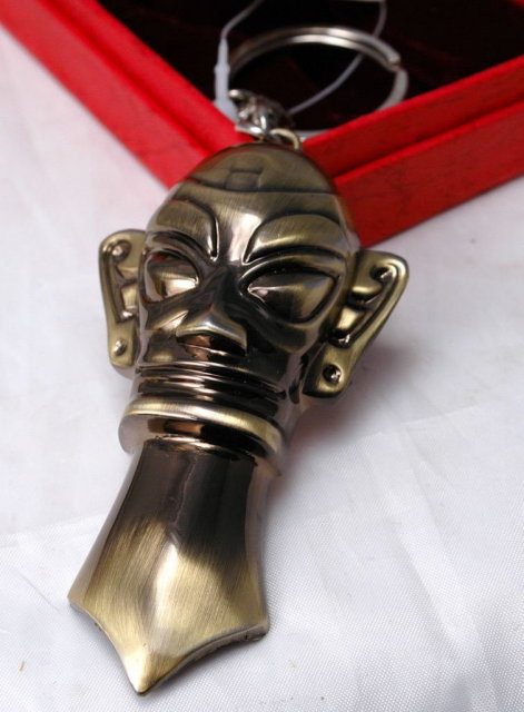 Bushed Brass Tiki or other Tribal Mask Bottle , Can Opener Key Chain with Box