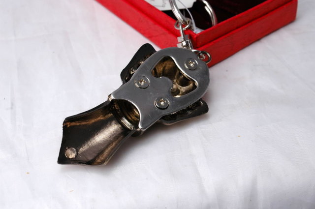 Bushed Brass Tiki or other Tribal Mask Bottle , Can Opener Key Chain with Box