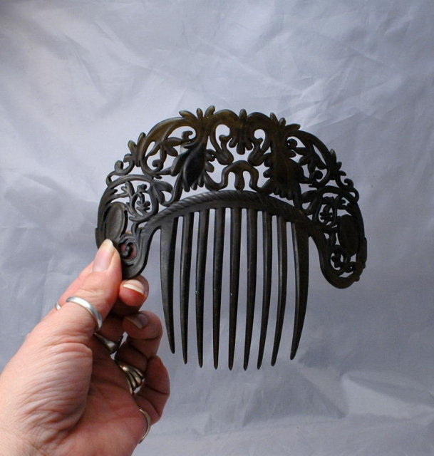 Authentic Antique Large Mantilla Hair Comb, Hand Carved Tortoise Shell -