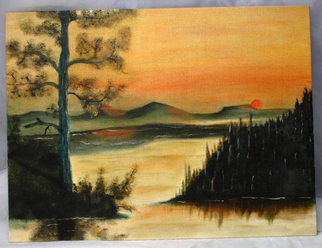 Original Unsigned Painting of Sunset over Mountains, Lake Forest Scene