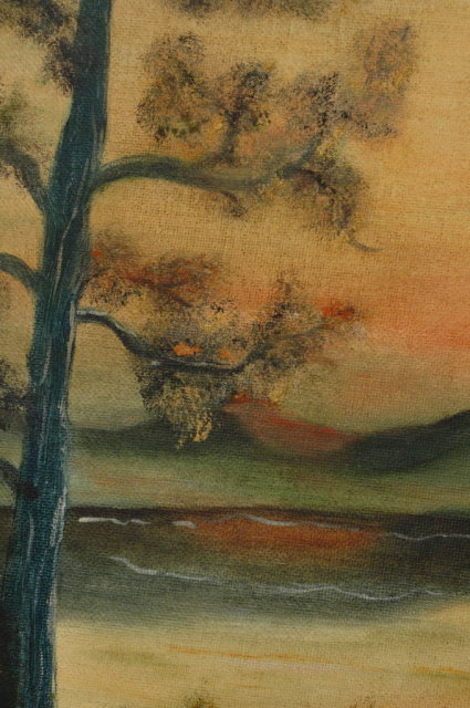 Original Unsigned Painting of Sunset over Mountains, Lake Forest Scene