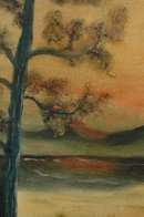 Original Unsigned Painting of Sunset over Mountains, Lake Forest Scene