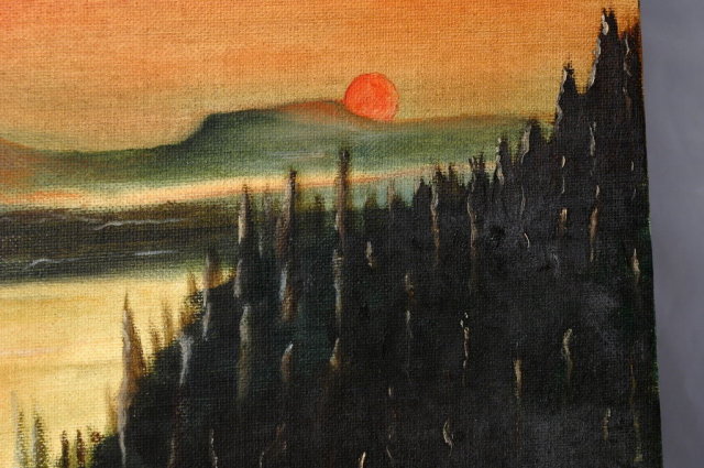 Original Unsigned Painting of Sunset over Mountains, Lake Forest Scene