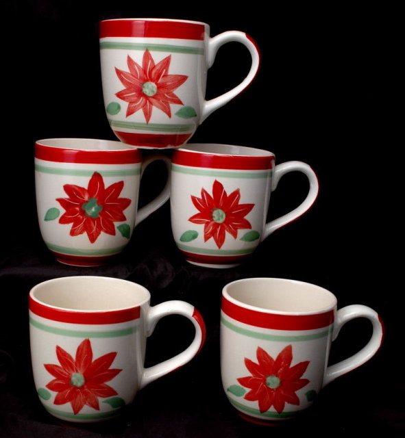 5 Hand painted Poinsettia Coffee Ceramic Mugs or Cups