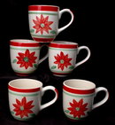 5 Hand painted Poinsettia Coffee Ceramic Mugs or Cups